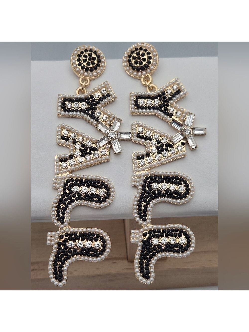 ✨2/$10✨ Black & Gold Crystal Statement Earrings 3.5" Party Glam Fun Gift YALL